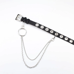 Punk style black faux leather belt with silver eyelets and detachable double metal chain