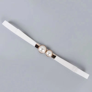 Fashionable white pearl elastic waist belt with gold buckle for women dresses