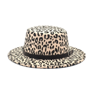 Detail of leopard print fedora hat featuring black leather band and silver buckle