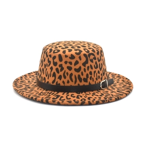 Flat top leopard print wool felt fedora hat for women and men with black belted buckle