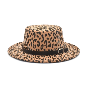 Detailed view of leopard print boater hat with black leather belt and silver metal buckle