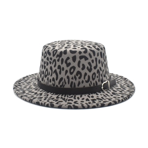 Flat top gray leopard print wool fedora hat with a black leather belt and gold buckle