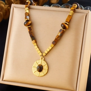 Vintage Tiger's Eye Stone Necklace Stainless Steel Heart Round Pendant Faux Artificial Pearl Beaded Retro Jewelry For Women