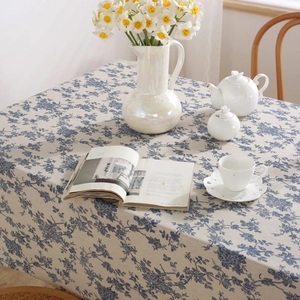 Vintage blue floral cotton linen tablecloth for elegant dining table home decor