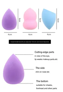 Detailed size chart showing 6cm height for teardrop, gourd, and slanted makeup sponges