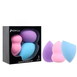 Three-piece makeup sponge set with teardrop and gourd shapes in purple, pink, and blue