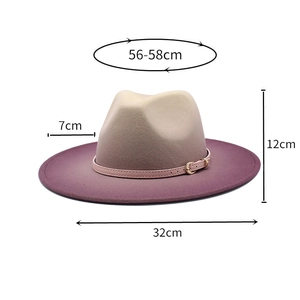 Detailed size guide of wide brim wool fedora hat with gradient two-tone spray paint finish