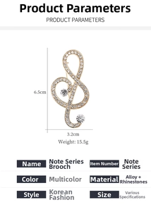 Macro detail of luxury musical note brooch with sparkling white crystals in golden finish