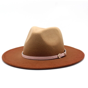 British style wide brim fedora hat with gradient khaki and rust red wool felt colors