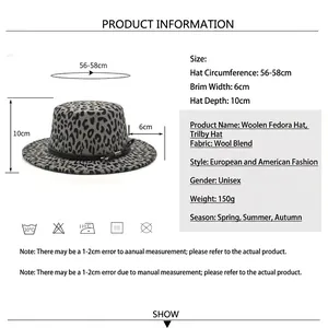 Chapeau fedora plat avec imprimé léopard, feutre de laine jazz, unisexe 56-58cm