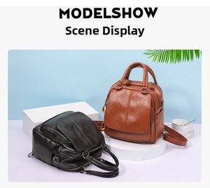 Dual-use faux leather backpacks in black and caramel brown with multi-pocket design