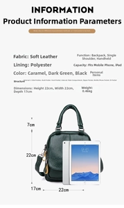 Detailed infographic of a multi-purpose leather backpack showing internal storage pockets