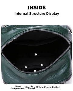 Detail view of the green bag's interior featuring multiple pockets and compartments