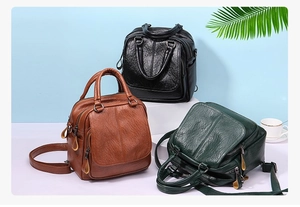 Three-color variety of versatile faux leather backpacks in brown, black, and dark green
