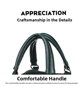 Detail of reinforced dark green leather top handle with smooth metal ring attachment