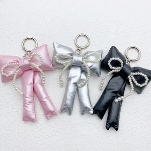 Puffy Bowknot Keychain With Imitation Artificial Pearl Beads Satin Fabric Bag Pendant For Women Creative Car Key Ring Accessory