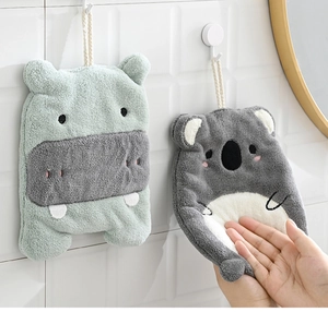 Absorbent coral fleece hand towels in cute hippo and koala designs with hanging loops