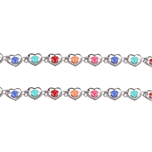 Colorful heart-shaped stainless steel chain necklace with multicolor inlaid gemstones