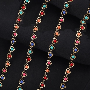 Polished stainless steel heart-shaped link chains with colorful enamel inlay detail