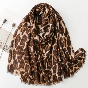 Women Fashion Leopard Print Scarf With Frayed Edges Lightweight Warm Shawl Wrap Breathable Polyester Fabric Neck Accessory