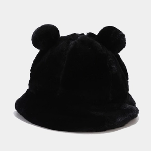 Detail of black faux fur bucket hat featuring cute plush double ears for winter warmth