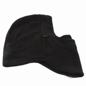 Detail of black fleece balaclava with adjustable drawstring and spring toggle buckle