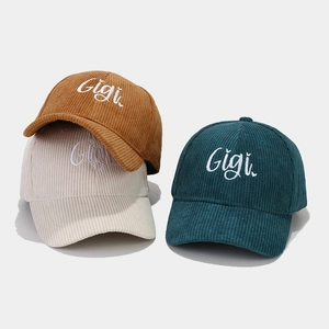 Fashion corduroy baseball caps in brown, cream and green with Gigi embroidery