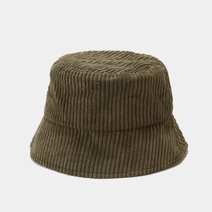 Detailed view of the fine texture and stitching on an army green corduroy bucket hat