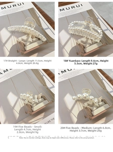 Detailed sizes of four pearl claw clips in clear acrylic with gold springs on magazine