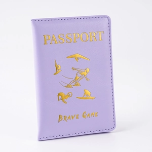 Detail of purple PU leather passport cover with gold embossed sports silhouette patterns
