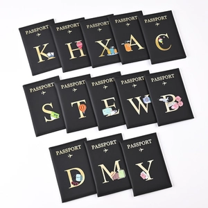 Detail of black passport holders featuring gold foil lettering and travel illustrations