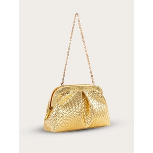 Golden woven pleated dumpling bag with metallic chain strap for women in 2024 fashion style
