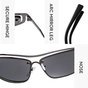 Detail view of secure metal hinges, arc mirror legs and nose pads on Y2K retro sunglasses