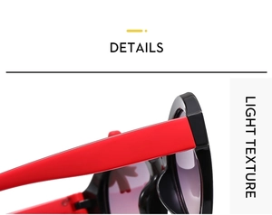 Close-up of bow knot children's sunglasses with red and black frame detail
