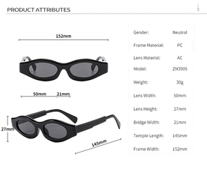 Detailed dimension chart for retro black oval sunglasses showing key frame size parameters