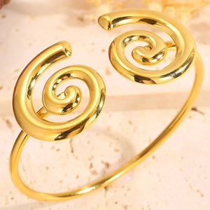 Ancient gold titanium steel open bangle with unique spiral vortex design in gold finish