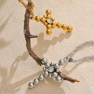 Retro stainless steel beaded cross necklace with zircon in gold and silver finish