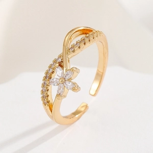 18K gold plated adjustable ring with zircon flower and sparkling crystal accents