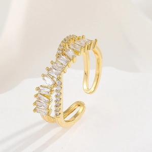 Elegant 18K gold-plated open ring with sparkling double-layer zircon stones on stone base
