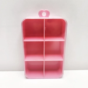 Pink 6-grid plastic organizer box with heart-shaped ring handle and clear lid