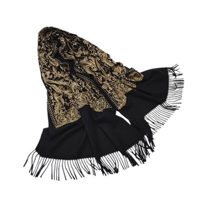 Thick black cashmere shawl with golden paisley embroidery and tassel trim details