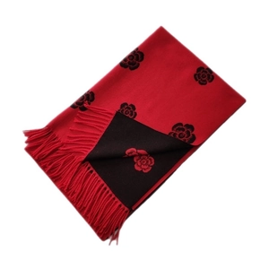 Thick red and black pashmina scarf with camellia flower pattern and fringe details