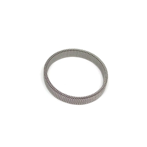 Detailed view of silver stainless steel stretch mesh bracelet with fine woven texture