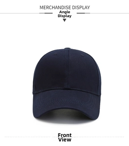 Front view of a dark blue cotton baseball cap with classic six-panel design and curved brim