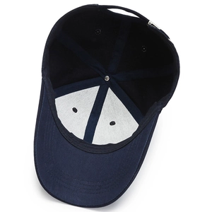 Internal structure of dark blue cotton baseball cap with adjustable strap and stitching