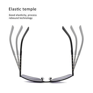 Detail showing elastic temples with rebound technology on vintage square sunglasses