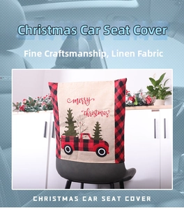Linen car seat cover with red truck and Merry Christmas text in festive plaid trim