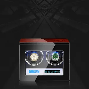 Dual automatic watch winder for mechanical watches with wood finish and LCD control panel
