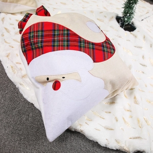 Linen Christmas gift bag featuring Santa Claus patchwork and red-green plaid drawstring