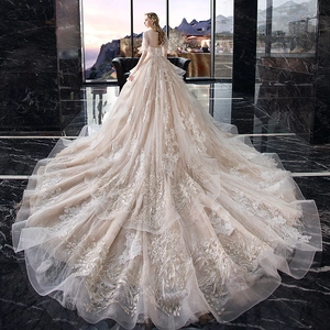 Luxury champagne lace wedding dress with a long train and deep V-neck for brides